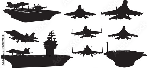 Black Solid Aircraft Carrier Operations Silhouettes Set of Six on White Background