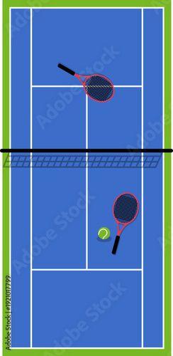 Tennis Court Top View, Doubles Match in Action