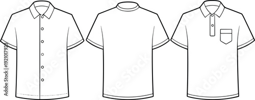 Men short sleeve shirt technical drawing set, polo t shirt and button down flat sketch template front view