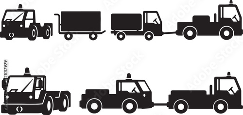 Black Solid Various Airport Ground Support Vehicle Silhouettes Set of Six on White Background