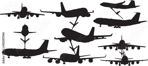 Black Solid Air-to-Air Refueling Aircraft Silhouettes Set of Six on White Background