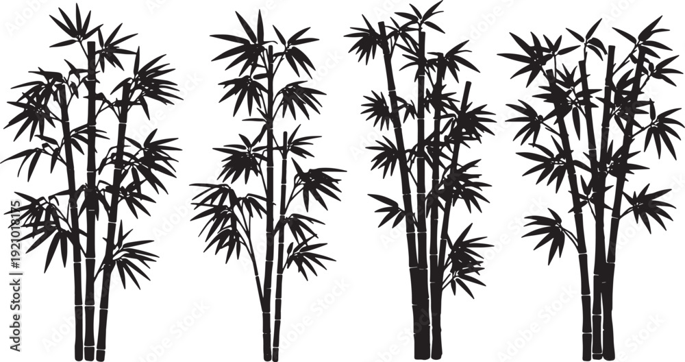 Obraz premium Black Solid Asian Bamboo Silhouettes Set of Six on White Background