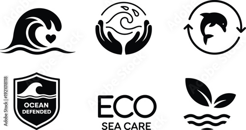 Ocean conservation icons set, marine protection logo collection with eco sea care symbols, sustainable environment vector illustration bundle