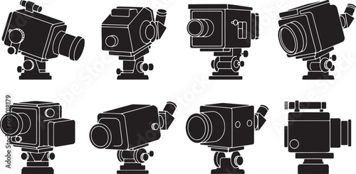 Black Solid Astronomical Guiding Camera Silhouettes Set of Six on White Background