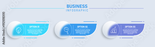 Modern glassmorphism business infographic template with 3 step option process layout blue gradient workflow design