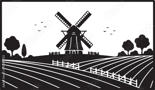 Windmill landscape silhouette vector