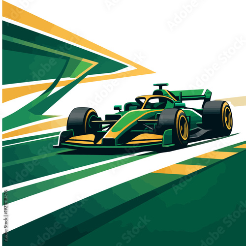 Green racing car speeding on a vibrant track with dynamic background elements Vector