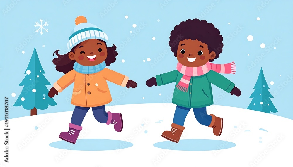 Naklejka premium Cartoon illustration featuring two children cheerfully running in the snowy landscape, complete with winter attire