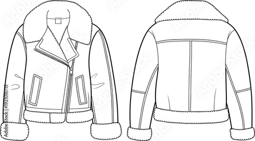 Shearling aviator jacket front and back view template, winter leather coat outline mockup isolated on white background