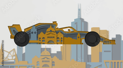 Futuristic race car soaring above a stylized city skyline with unique architecture. Vector
