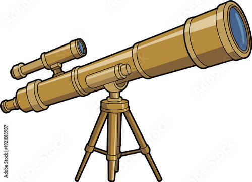 Vintage brass telescope on tripod stand, antique spyglass collection illustration isolated on white background, astronomy exploration equipment vector