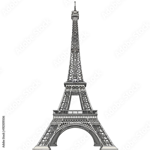 Eiffel Tower iconic Paris landmark in black and white illustration