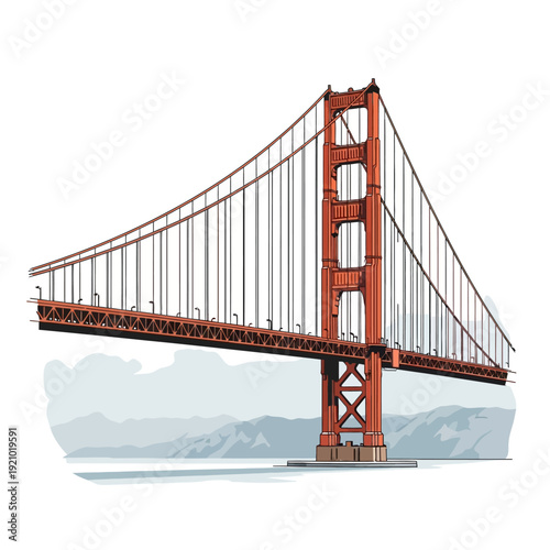 Iconic Golden Gate Bridge in San Francisco with mountain backdrop