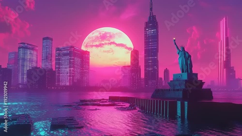 Futuristic New York City Skyline with Statue of Liberty at Sunset.