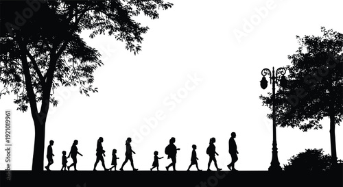 Silhouette Vector of People and Children Walking in a Park Under Trees, Collection of Figures Strolling Outdoors for Nature and Leisure,