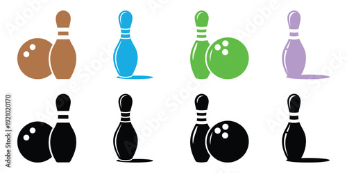 Bowling pins and balls in various colors bowling balls