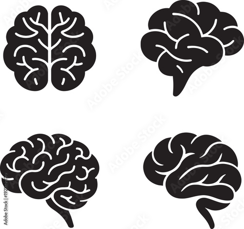 Human Brain Icon Set Black Silhouette Intelligence Anatomy Minimalist Mind Logic Pictogram Mental Health Vector Symbol