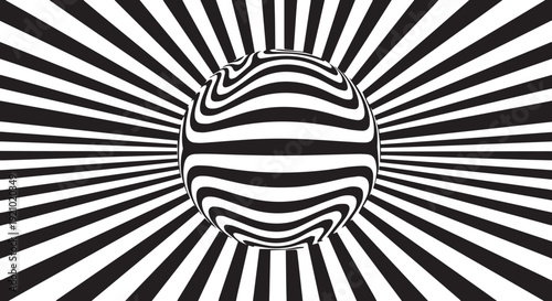 Abstract 3D Optical Illusion Sphere with Black and White Geometric Sunburst Stripes