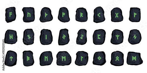 Set of hand drawn viking runes Rune stones with ancient norse alphabet characters engraved on them Scandinavian futhark germanic celtic Single element for design, print, web, decor