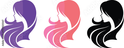 Beautiful woman long hair silhouette set, beauty salon logo vector, female profile head icons, fashion spa hair care branding graphics