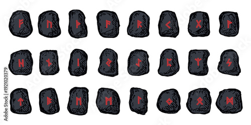 Set of hand drawn viking runes Rune stones with ancient norse alphabet characters engraved on them Scandinavian futhark germanic celtic Single element for design, print, web, decor