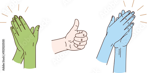 Hands clapping and thumbs up gesture symbols expressing approval, applause, and positive feedback, success and encouragement concept isolated on light background for communication and support themes