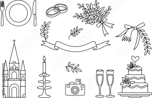 Hand drawn wedding celebration doodle icons with decorations food drinks and event elements