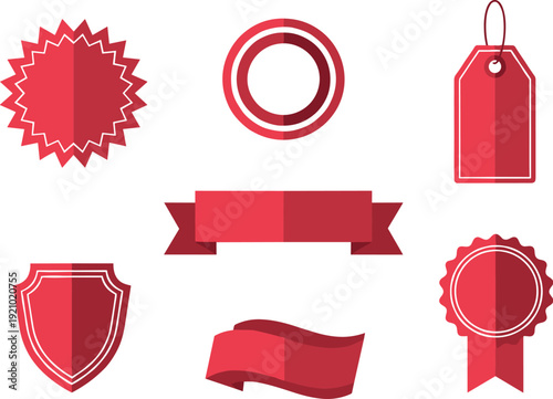 Red premium badge ribbon and label vector collection for product packaging branding promotion and quality guarantee design