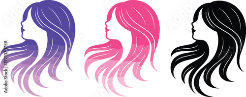 Beautiful woman long hair silhouette set, beauty salon logo vector, female profile head icons, fashion spa hair care branding graphics