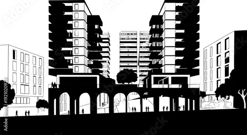 Black and white architectural sketch of modern brutalist apartment buildings with arched pedestals urban city housing development and minimalist silhouettes