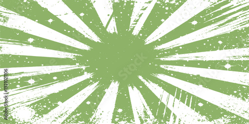 An abstract green grunge background design features a vintage sunburst pattern with retro light rays and a textured nature illustration for a decorative vector backdrop