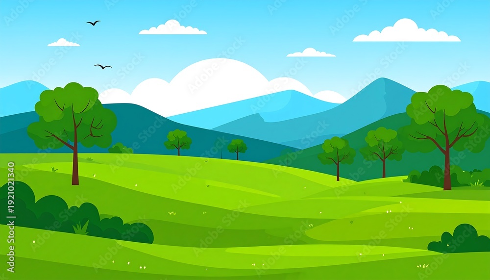 Fototapeta premium Animated landscape rolling green hills, trees, mountains, birds, and blue sky with white puffy clouds on a sunny day
