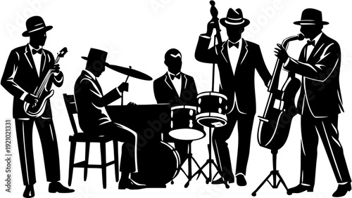 Silhouette of jazz band musicians playing instruments on stage jazz band, musicians, silhouettes, musical instruments, trumpet, trombone, piano, double bass, saxophone, drum set, stage, music performa