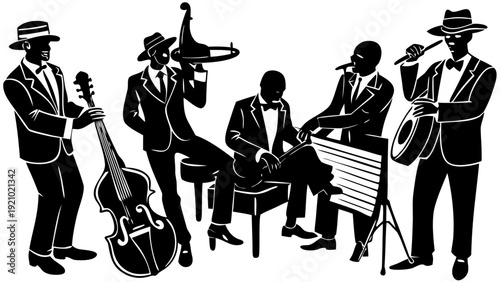 Silhouette of jazz band musicians playing instruments on stage jazz band, musicians, silhouettes, musical instruments, trumpet, trombone, piano, double bass, saxophone, drum set, stage, music performa