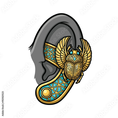 Egyptian Scarab Beetle Earring Vector Illustration - Gold and Turquoise Ear Cuff Jewelry Design