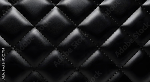 Black quilted leather texture background with luxury upholstery pattern, premium padded material surface, elegant fashion backdrop with realistic soft leather detail and studio lighting