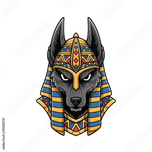 Anubis Jackal Head Egyptian God Illustration. Ancient Mythology Pharaoh Headdress Icon.