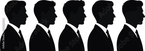 Male silhouettes illustration, profile view suit tie character identity variation design, vector artwork, business and education theme, isolated background