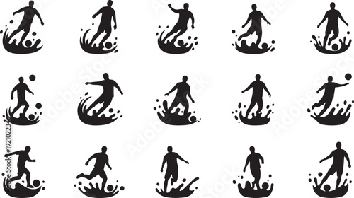 Collection of dynamic soccer player action icons kicking and controlling ball in various styles isolated on transparent background