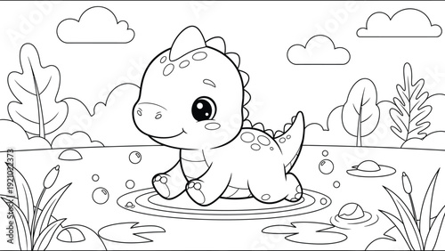 a charming black and white illustration depicts a cute baby dinosaur playfully splashing in a puddle with clouds and plants