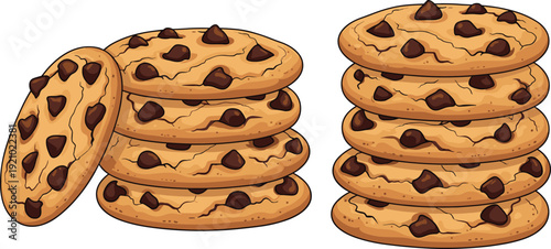 Flat vector illustration of chocolate chip cookies stacks, baked dessert, sweet snack, golden brown texture, food design artwork