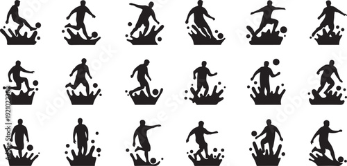 Collection of dynamic soccer player action icons kicking ball with grass explosion effects isolated on transparent background