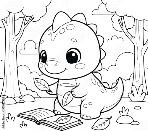 a charming illustration depicts a cute baby dinosaur reading a book amidst lush trees and fluffy clouds perfect for coloring