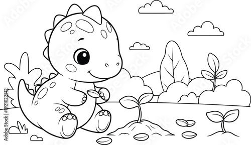 a cute baby dinosaur is happily gardening in a whimsical landscape with plants clouds and a sunny outdoor setting high quality