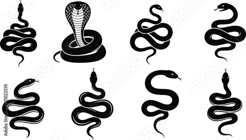 Silhouette Vector Illustration Set of Snakes and Cobras, Collection of Poisonous Reptiles in Various Coiled and Striking Poses for Design,