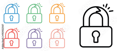 Set line broken or cracked lock icon isolated on white background, unlock sign, colorful vector icons set representing security breach