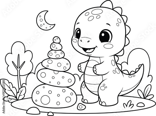a charming black and white illustration depicts a cute baby dinosaur playfully stacking stones under a crescent moon and stars