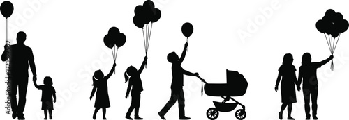Silhouette Vector of Families and Children Holding Balloons, Collection of Parents Walking with Stroller and Kids Celebrating Happiness and Joy,