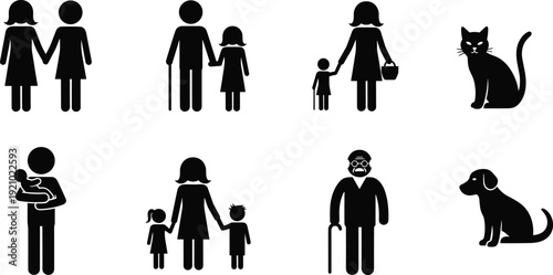 Silhouette Vector Icon Set of Families, Elderly People with Canes, Parents with Children, and Domestic Pets like Cats and Dogs,