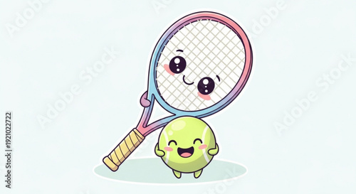 Cartoon tennis ball and racket smiling together in playful sports scene with pastel colors